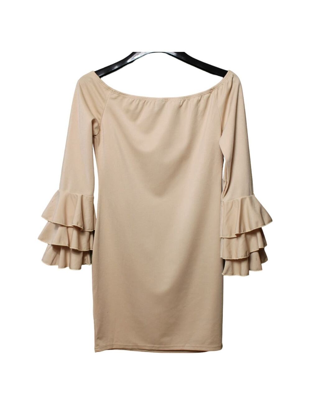 Shein Beige Tan Off the Shoulder Ruffle Sleeve Mini Dress ~ Pre-Loved, size 8/10